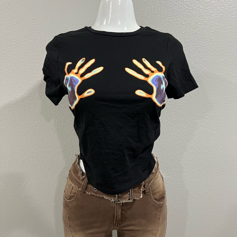 Black T-Shirt with Colorful Handprint Design